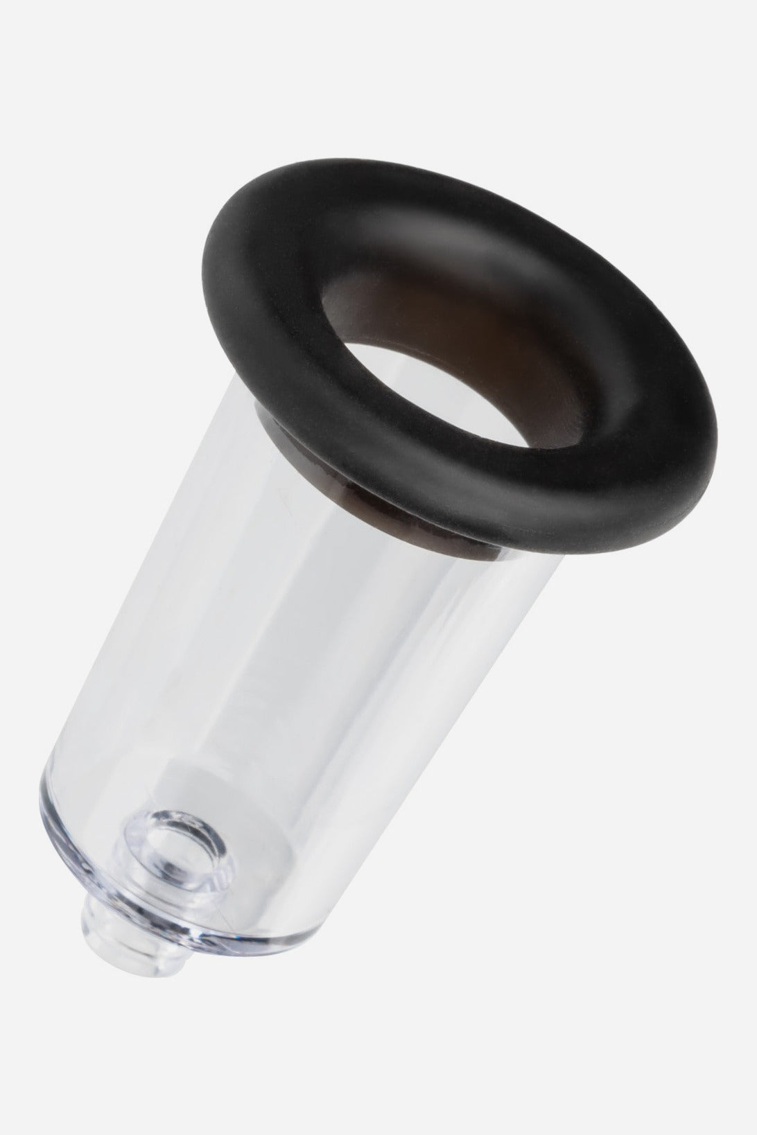 Clear No Bounds pump cylinder fitted with a black silicone comfort sleeve, angled to show the wide soft opening, on a light grey background