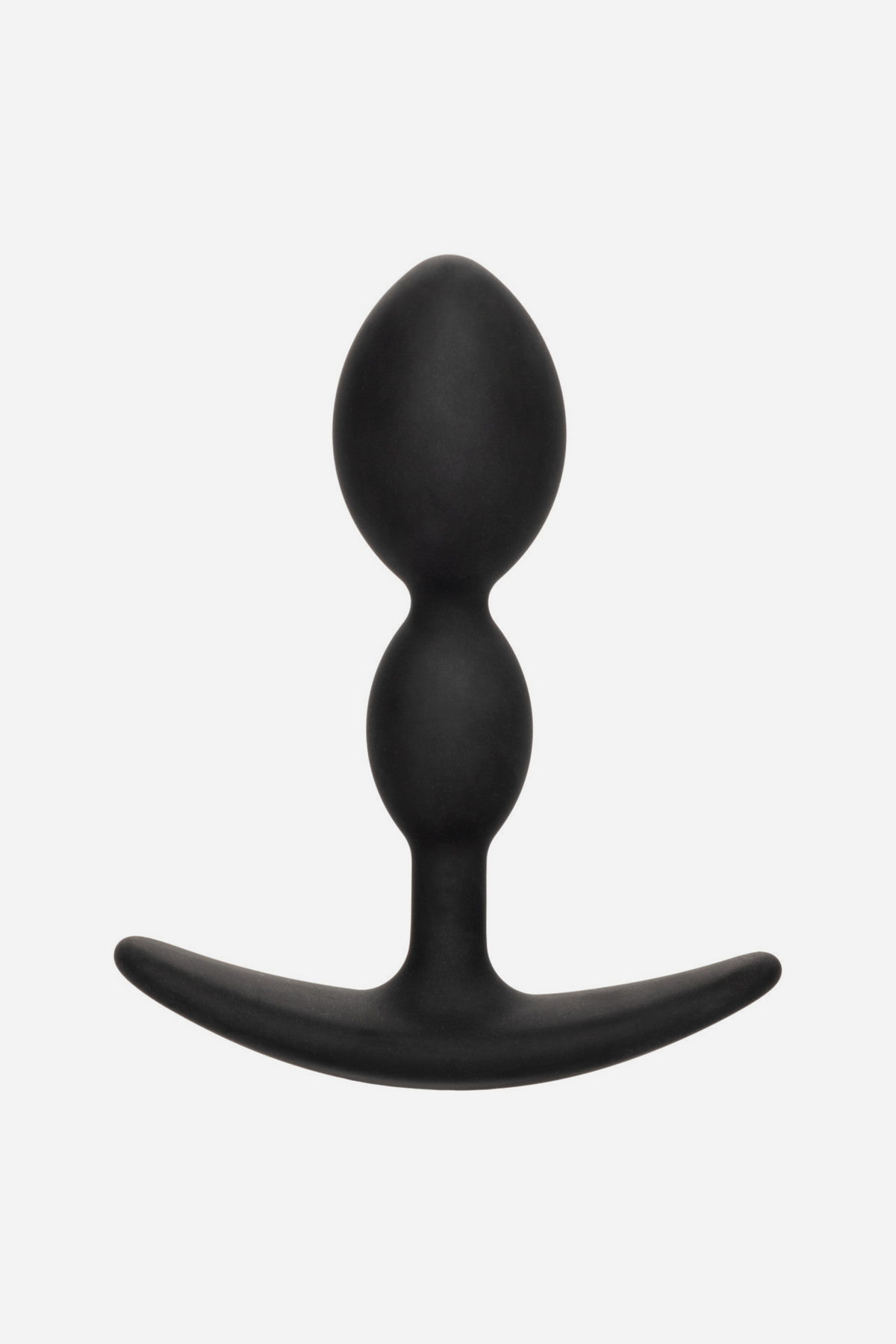 Front view of the black No Bounds Dual Drop plug standing upright on its curved T-bar base, showing both teardrop beads, on grey