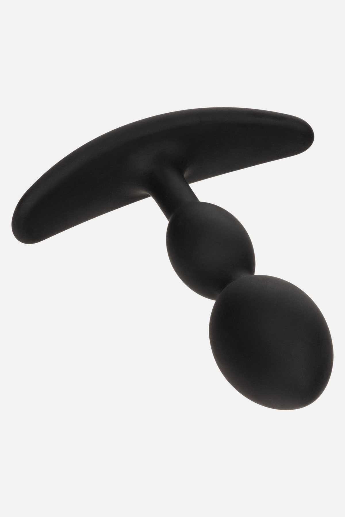 Close up of the black No Bounds Dual Drop plug lying on its side, showing the flared T-bar base and the smooth silicone beads, on grey