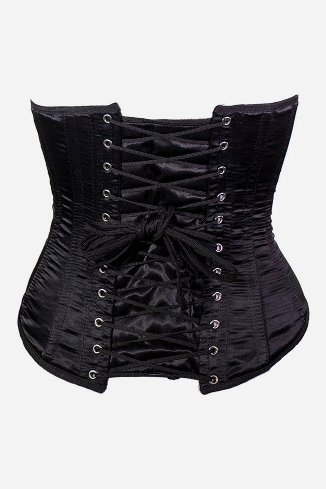 Back of the Nobody's Fool waist cincher in black satin with full grommet lacing and black laces for adjustable waist training