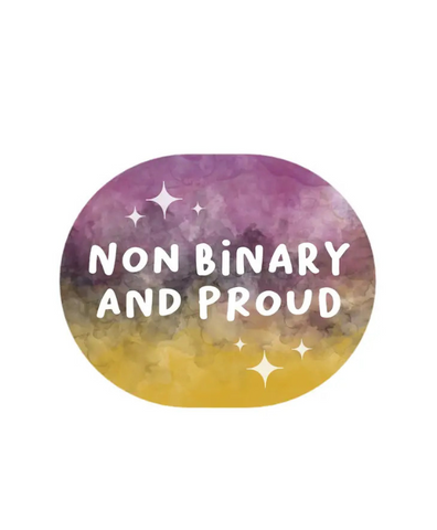 oval shaped sticker with a night-sky like background that fades from purple to yellow like the nonbinary pride flag, with marble like texture. White text reads non binary and proud and has glimmering stars surrounding it.