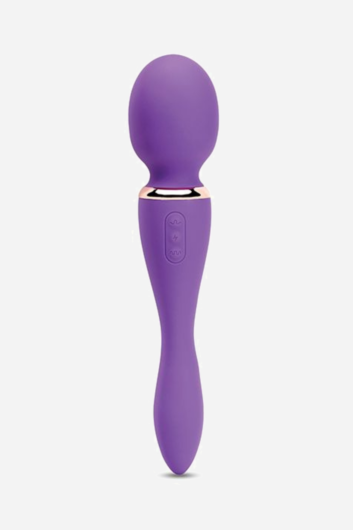 The Nu Sensuelle Alluvion wand in purple, standing upright with the rounded massage head, rose gold control band and curved handle