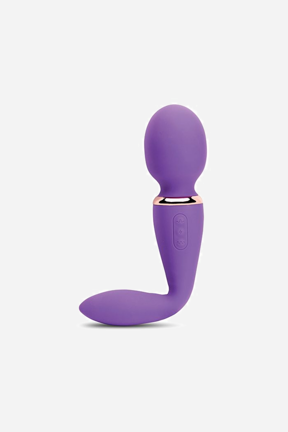 The purple Alluvion wand seen from the side, showing how the flexible neck bends between the massage head and the tapered tip