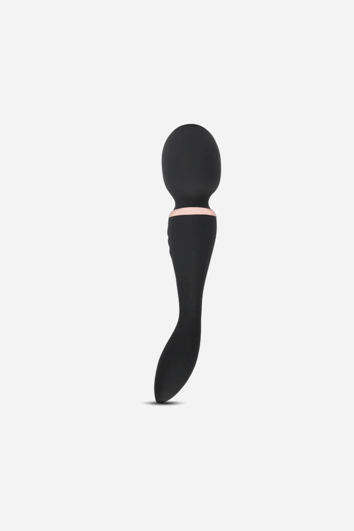 The Nu Sensuelle Alluvion wand in black, standing upright with the rounded massage head, rose gold control band and curved handle