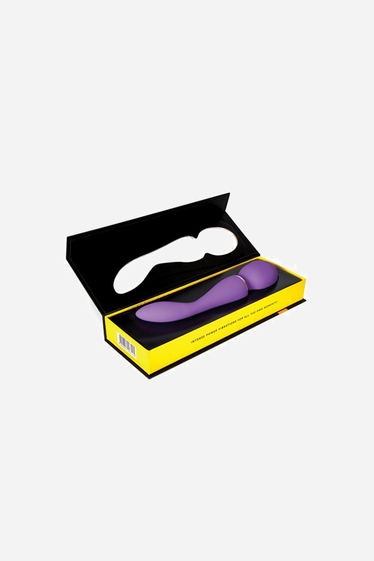 The purple Alluvion wand presented in its open black and yellow gift box, with a moulded foam insert holding the wand in place