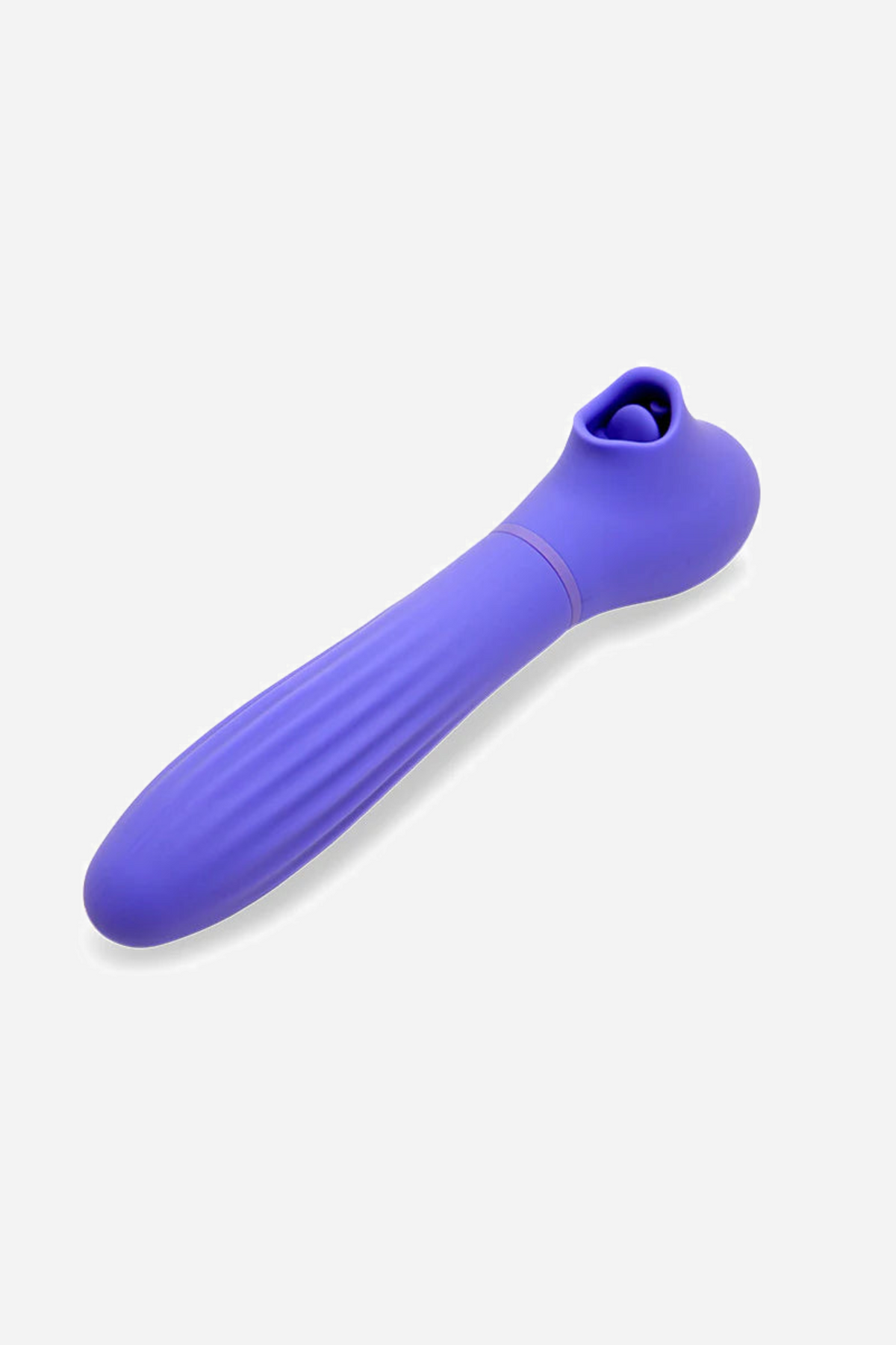 Ultra violet Nu Sensuelle Daisy vibe lying at an angle on grey, ridged tapering shaft with an oval suction opening set into the flared head.