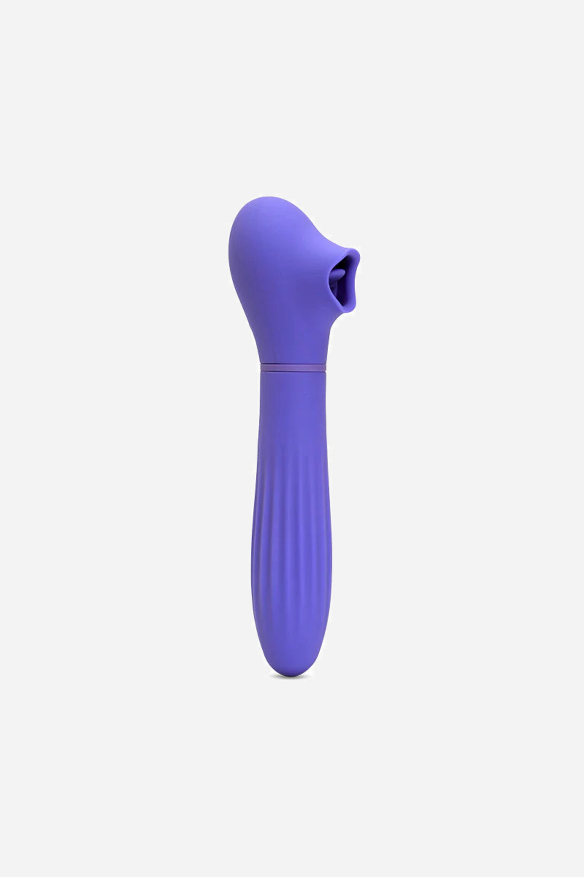 Ultra violet Daisy vibe upright at a three-quarter angle on grey, ribbed silicone shaft rising to a flared head with an oval suction opening.