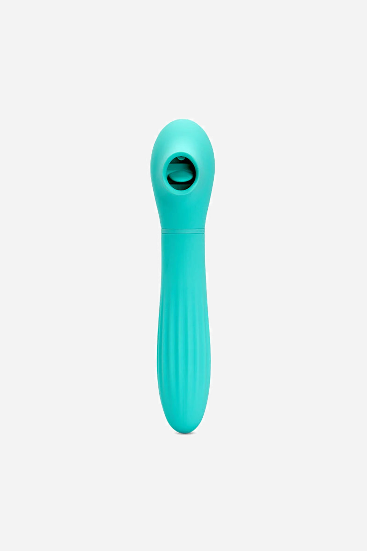 Turquoise Daisy vibe shown head on, the round suction mouth centred in the flared tip above a slim ribbed shaft on a plain grey background.