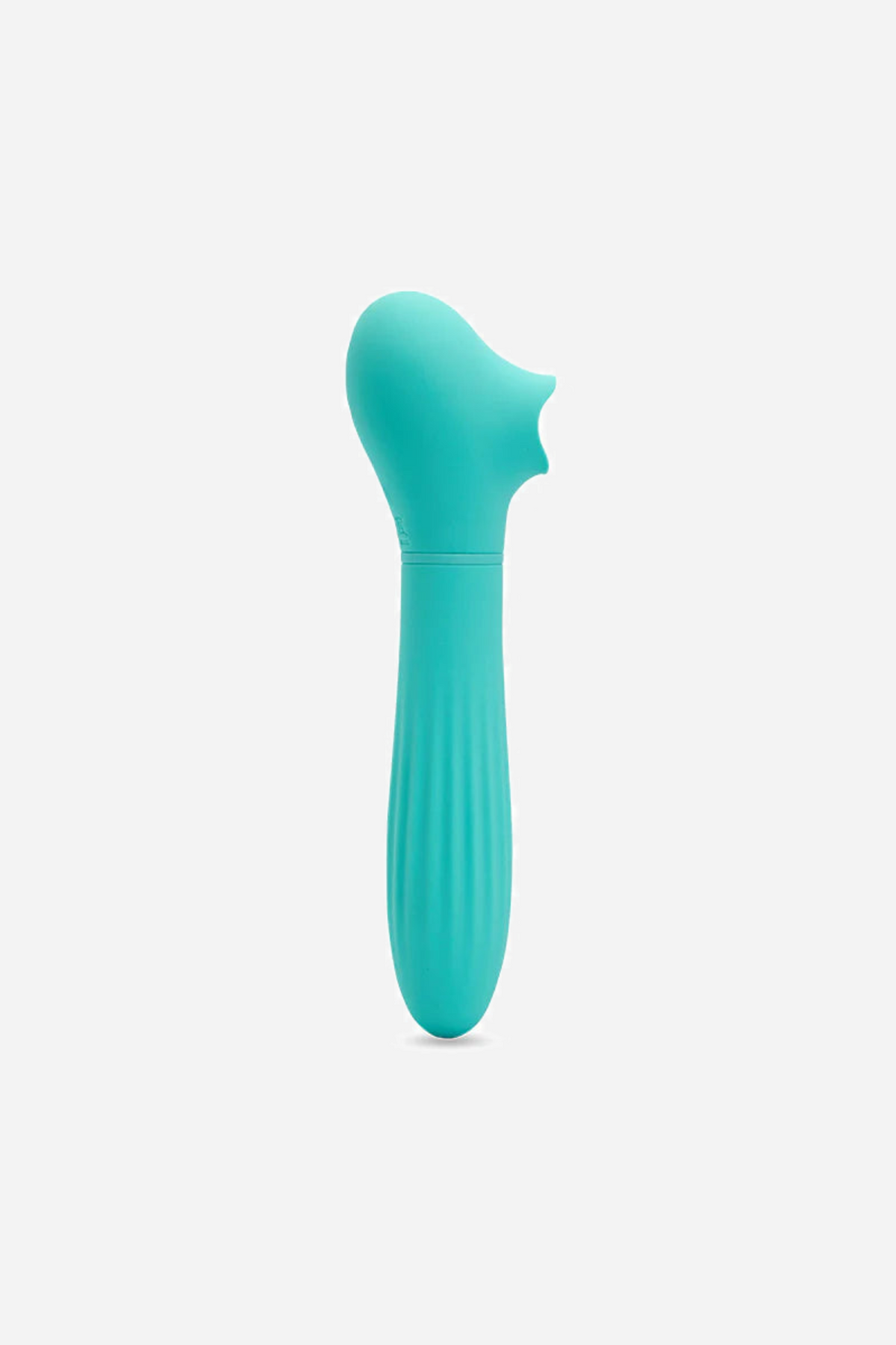 Turquoise Daisy vibe in side profile, the curved head angled forward over a gently tapering ribbed shaft against a plain grey background.