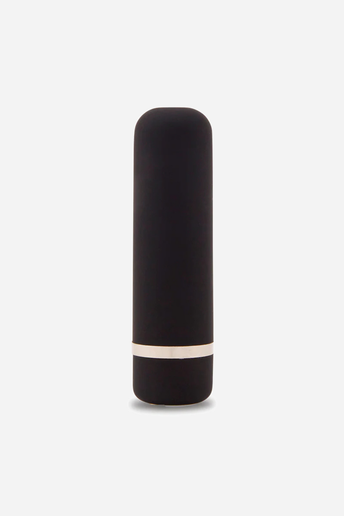 The Joie bullet vibrator in black, standing upright, showing the smooth rounded tip and the narrow silver band around its base
