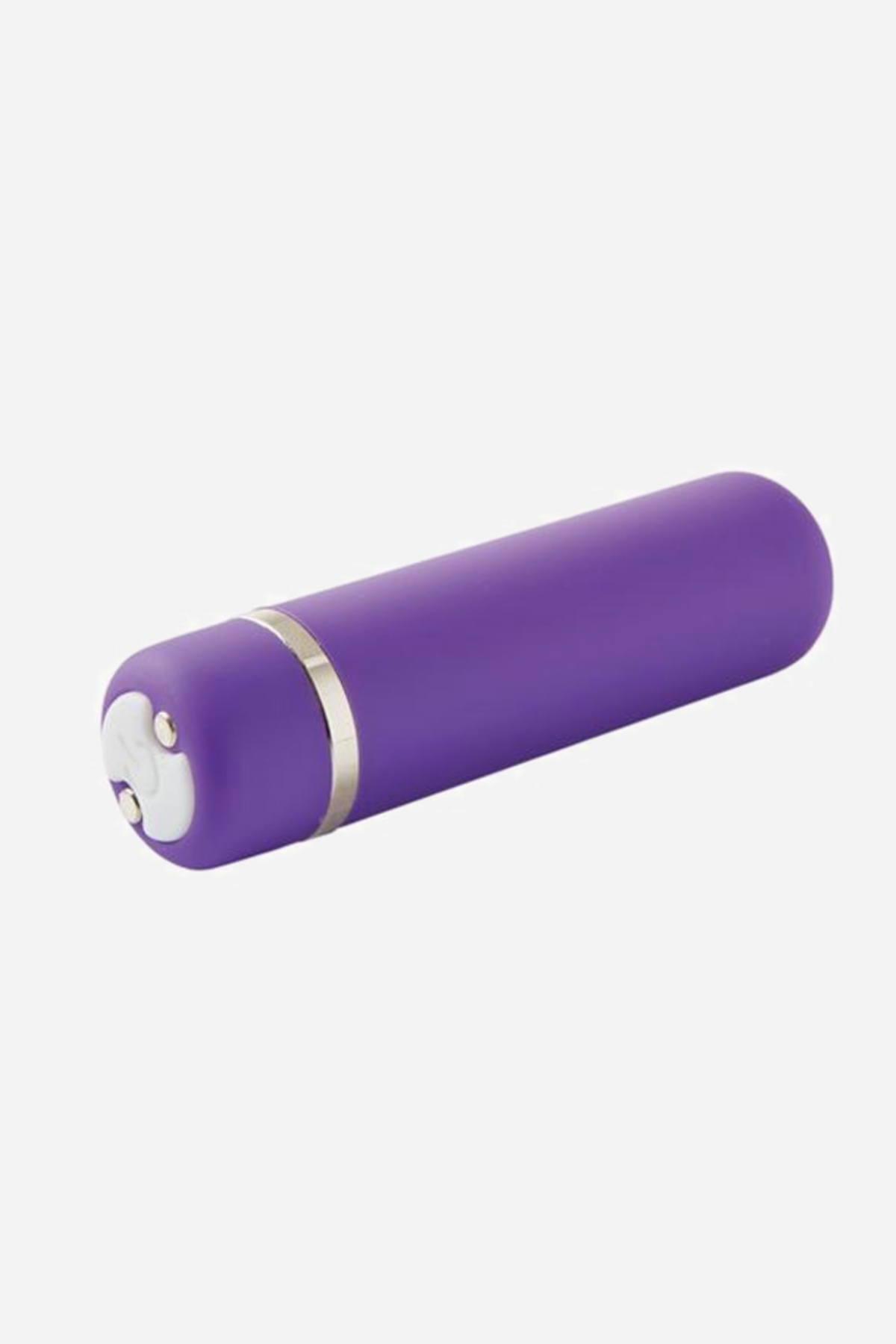 The Joie bullet vibrator in purple, lying on its side, showing the button end, the silver trim band and the tapered rounded tip