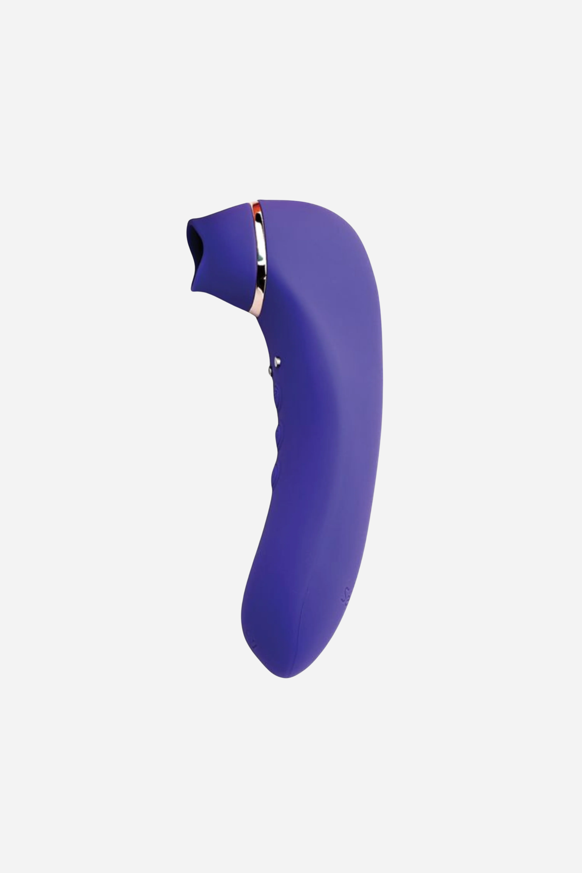 Nu Sensuelle Trinitii suction and tongue vibe in purple, side view showing the curved handle and open suction tip on a light grey background