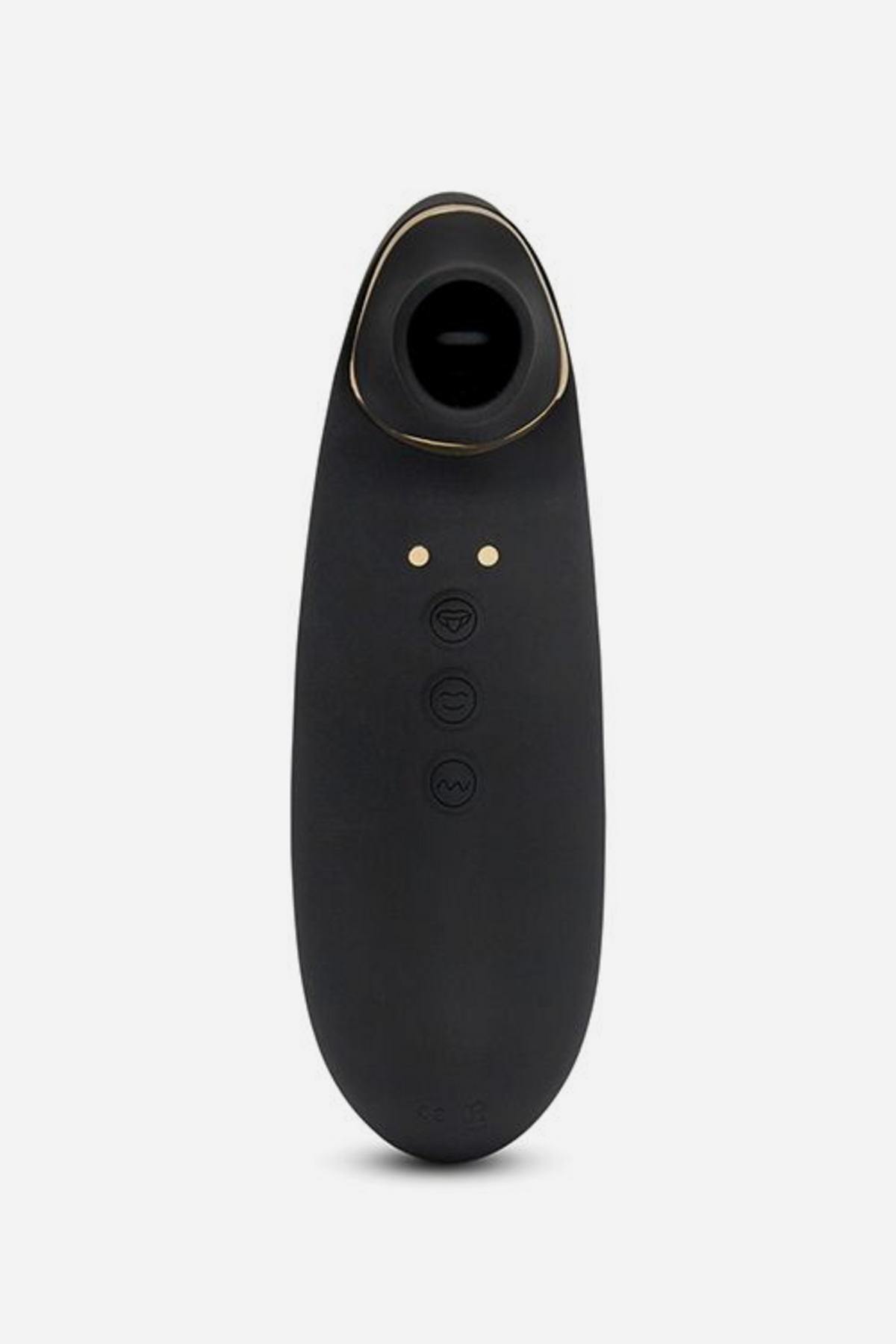 Nu Sensuelle Trinitii suction and tongue vibe in Black & Gold, front view showing the suction opening and control buttons on a light grey background