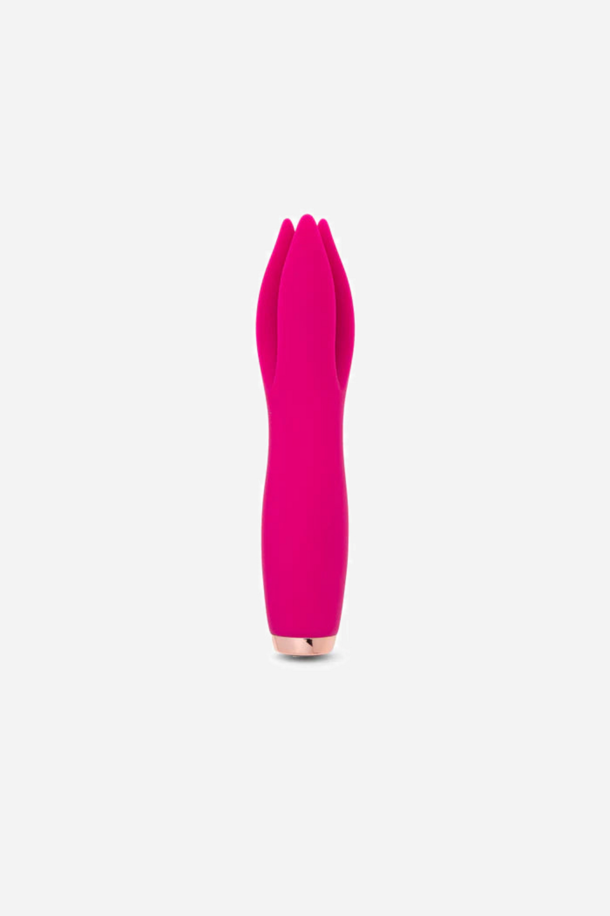 Nu Sensuelle Tulip vibrator in magenta standing upright, front view showing the fluted tulip shaped tip, smooth body and rose gold trim.