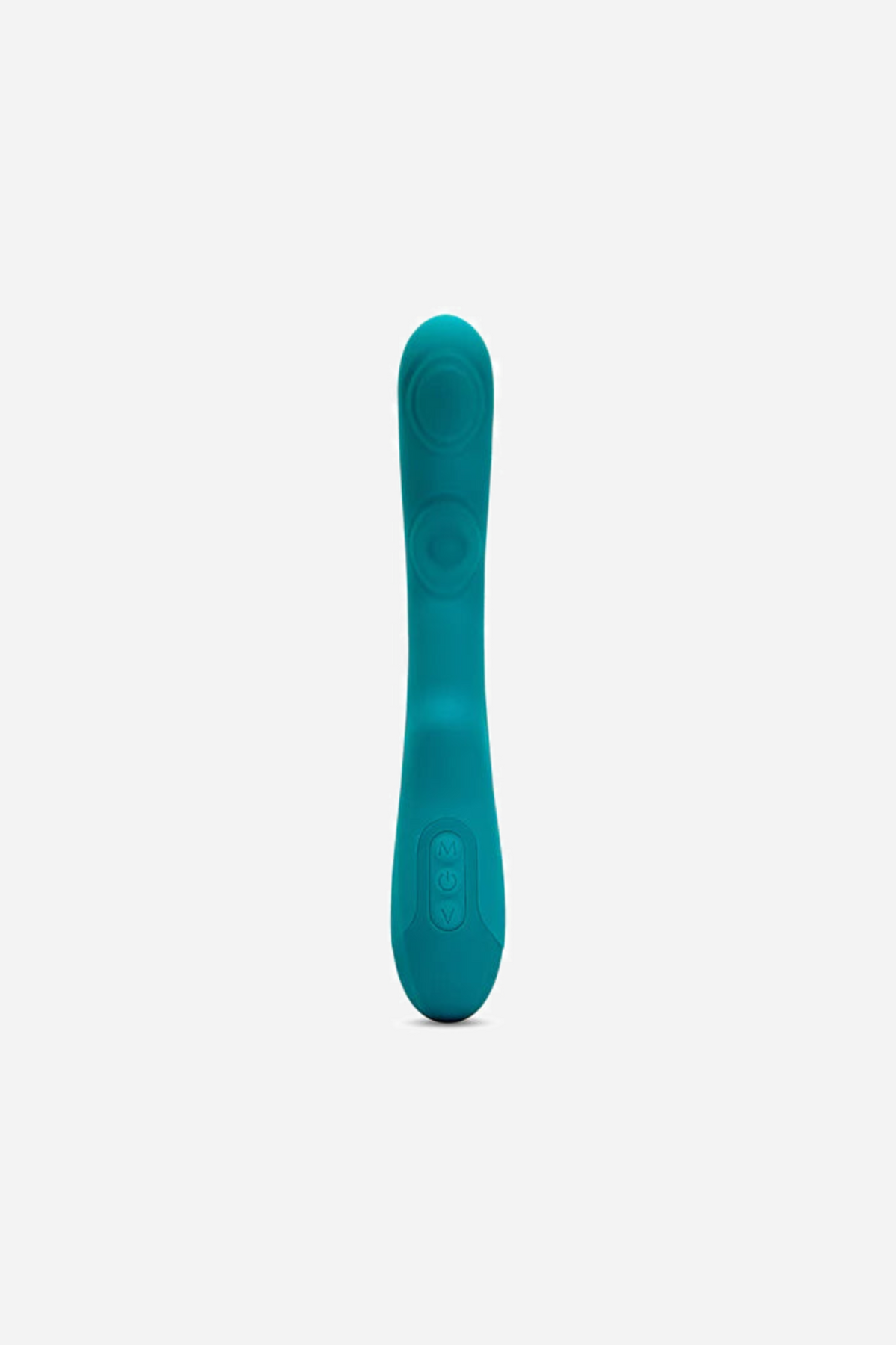 The emerald green Vivi vibrator seen face on, standing upright with the flared tapping head at the top and the slimmer handle below