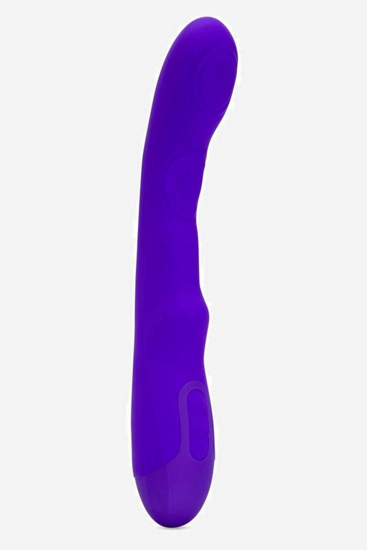The deep purple Vivi vibrator standing upright, showing the smooth silicone shaft, the slight waist and the curved tapered tip