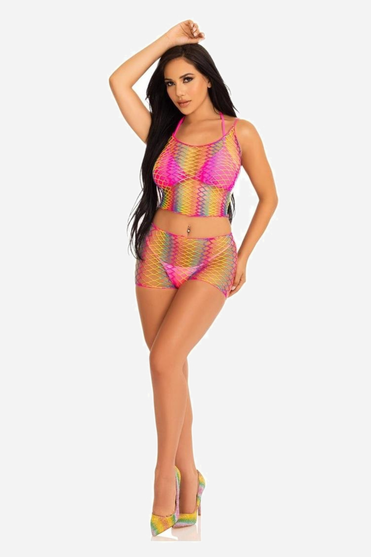 Model in a rainbow ombre fishnet tank top and matching shorts, standing with one arm raised