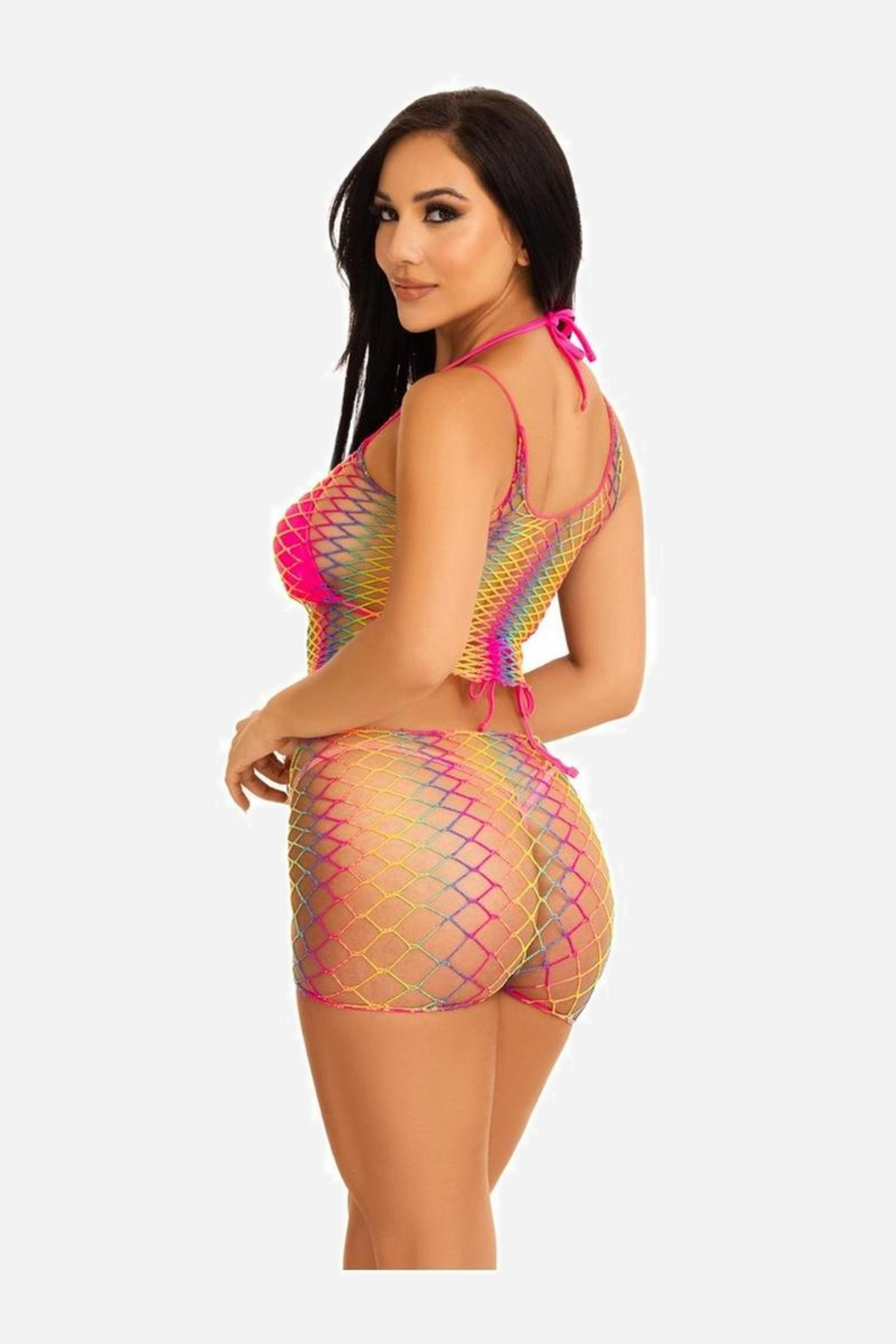 Back view of the rainbow ombre fishnet set, showing the halter tie and the shorts