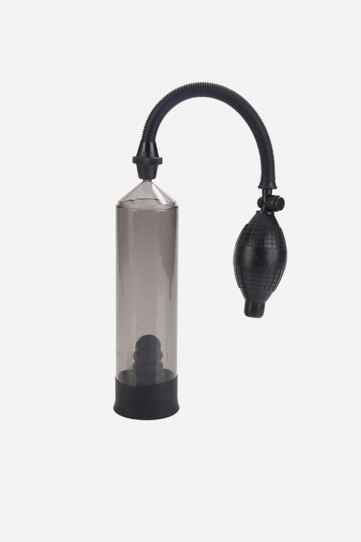 Optimal Results basic penis pump on grey, a smoky clear cylinder with a black base and soft seal, joined by a curved black hose to a squeeze bulb.