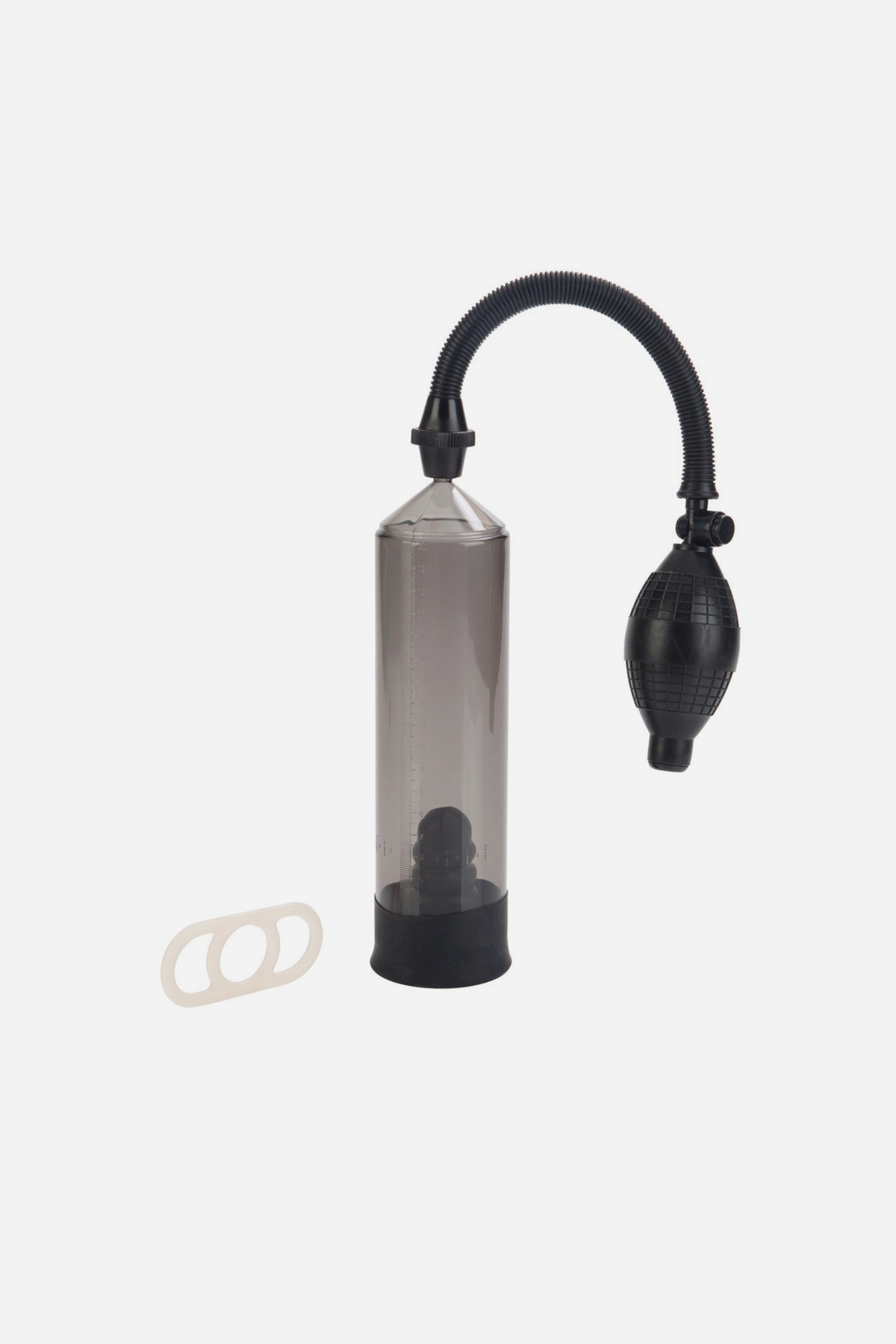 Optimal Results basic penis pump on grey with its set of clear tension rings lying beside the smoky cylinder, curved hose and black squeeze bulb.