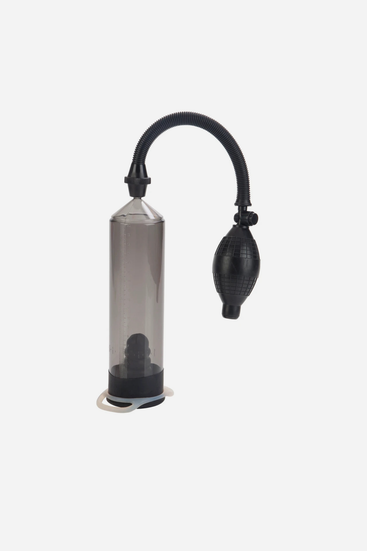 Front view on grey of the Optimal Results basic penis pump, its smoky clear cylinder and black squeeze bulb standing upright with a ring around the base.
