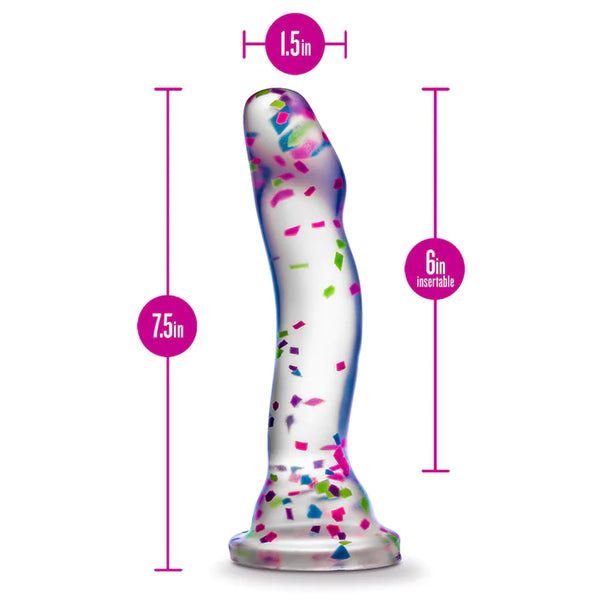 Party Time Glow-in-the-Dark Confetti Dildo with sizing specs. dildo is 7.5in long, 6 insertable inches, and 1.5inches wide at its girthiest. dildo has a slight curve to it