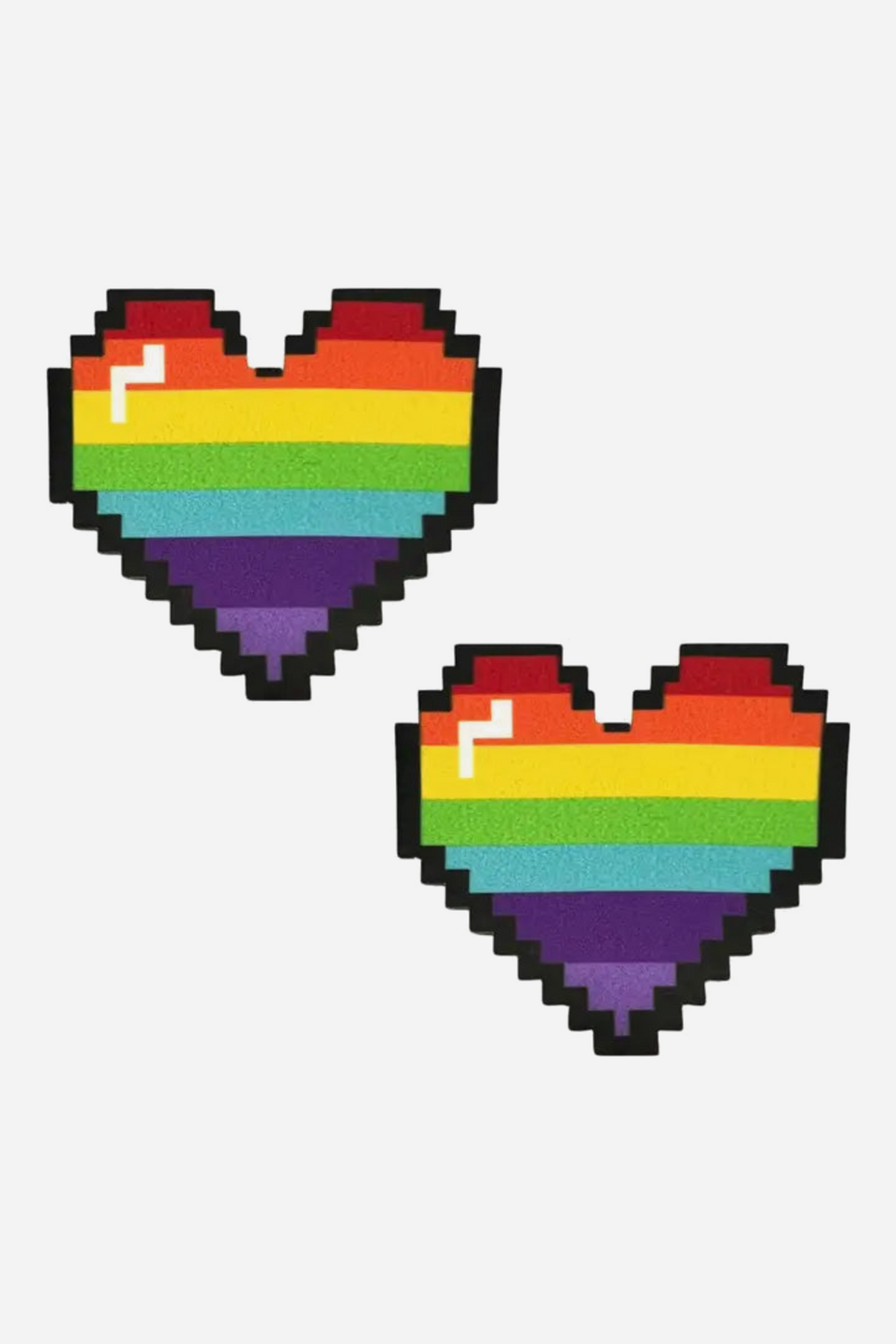 Pair of pixel-art heart nipple pasties with horizontal rainbow pride stripes, a black stepped outline and a small white highlight in one corner