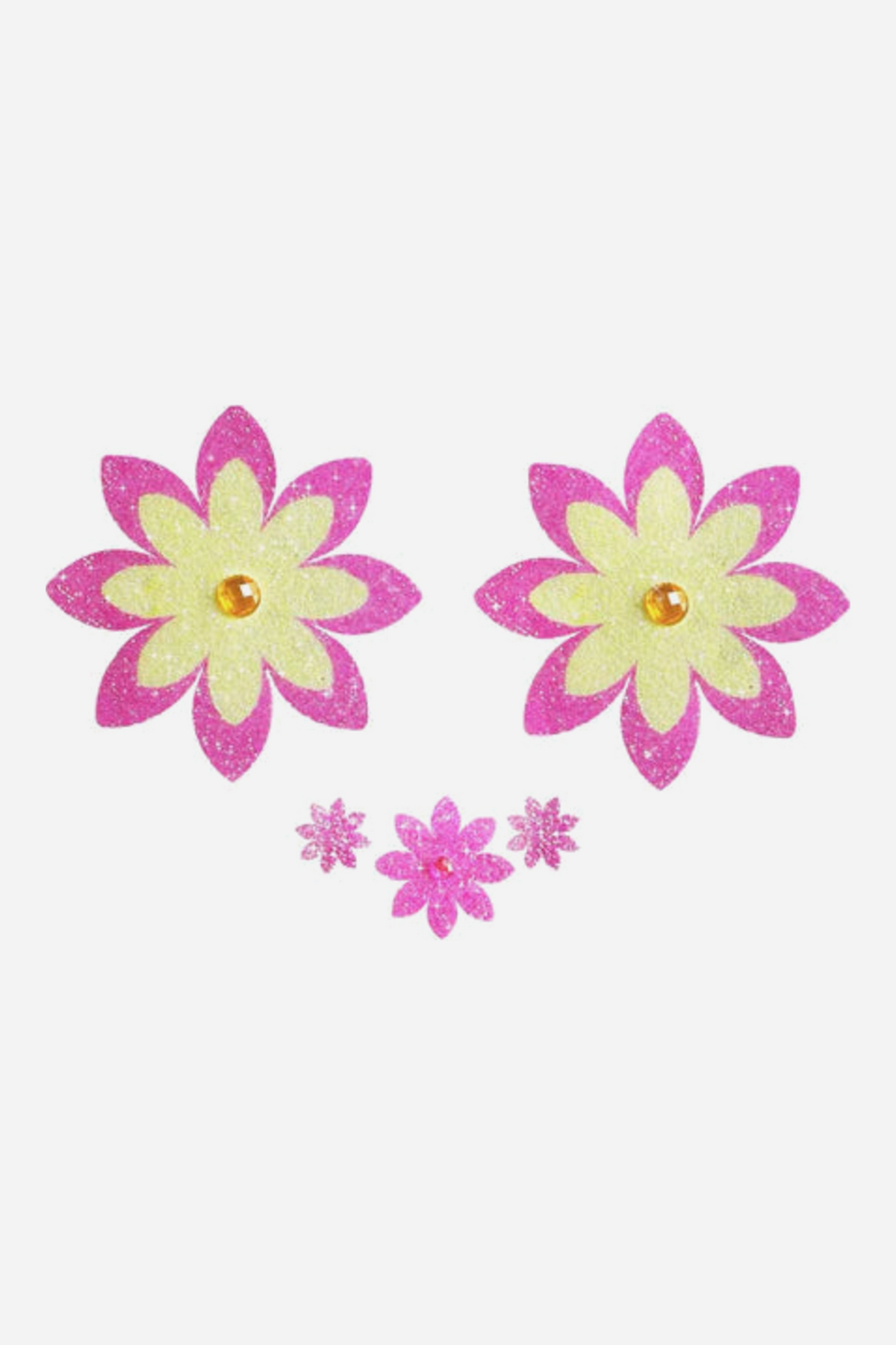 Pair of flower-shaped nipple pasties with pink glitter outer petals, pale yellow glitter inner petals and an orange gem center, with three small pink glitter flowers.