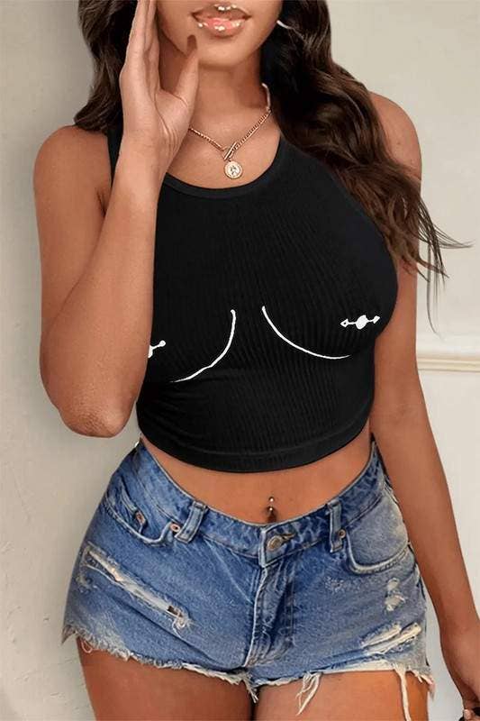 Model touching her chin wearing the black Pierced Graphic Tank crop top with white pierced boob line art and frayed denim shorts