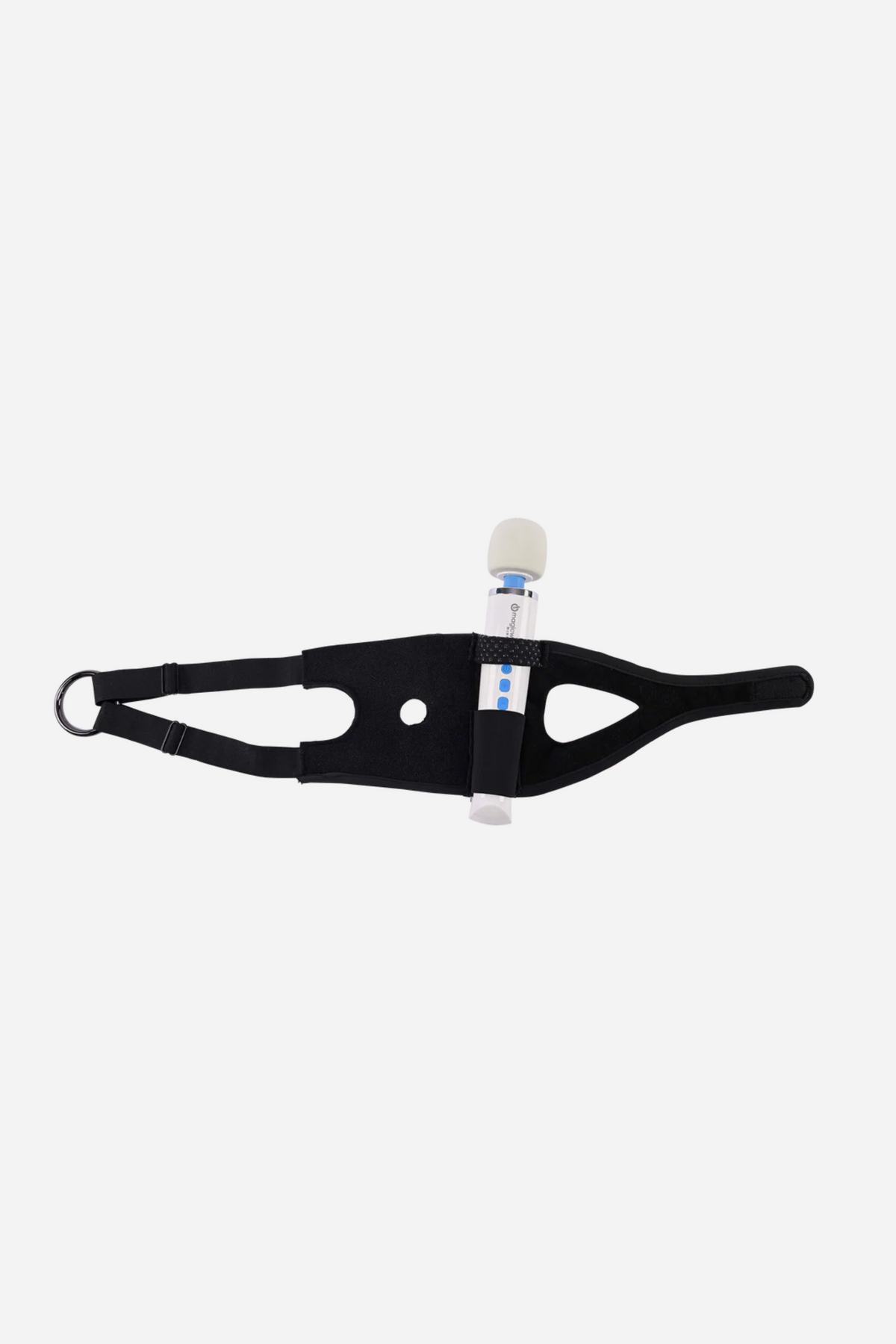Pivot strap laid flat with a white wand vibrator held upright through its centre pocket, showing how the toy sits snugly in place