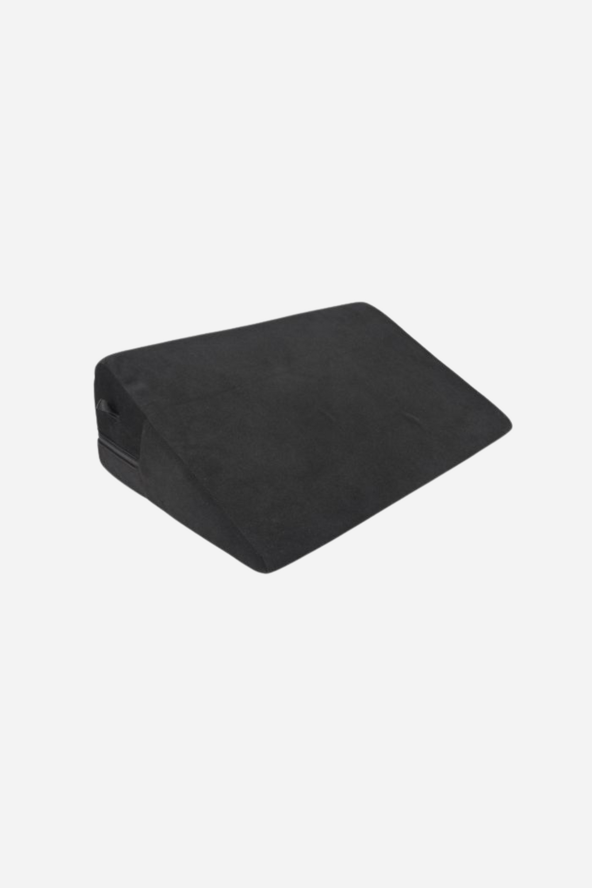 Black Pivot positioner wedge pillow on grey, a firm triangular foam wedge in a soft microfibre cover, angled to lift and support the hips during sex.