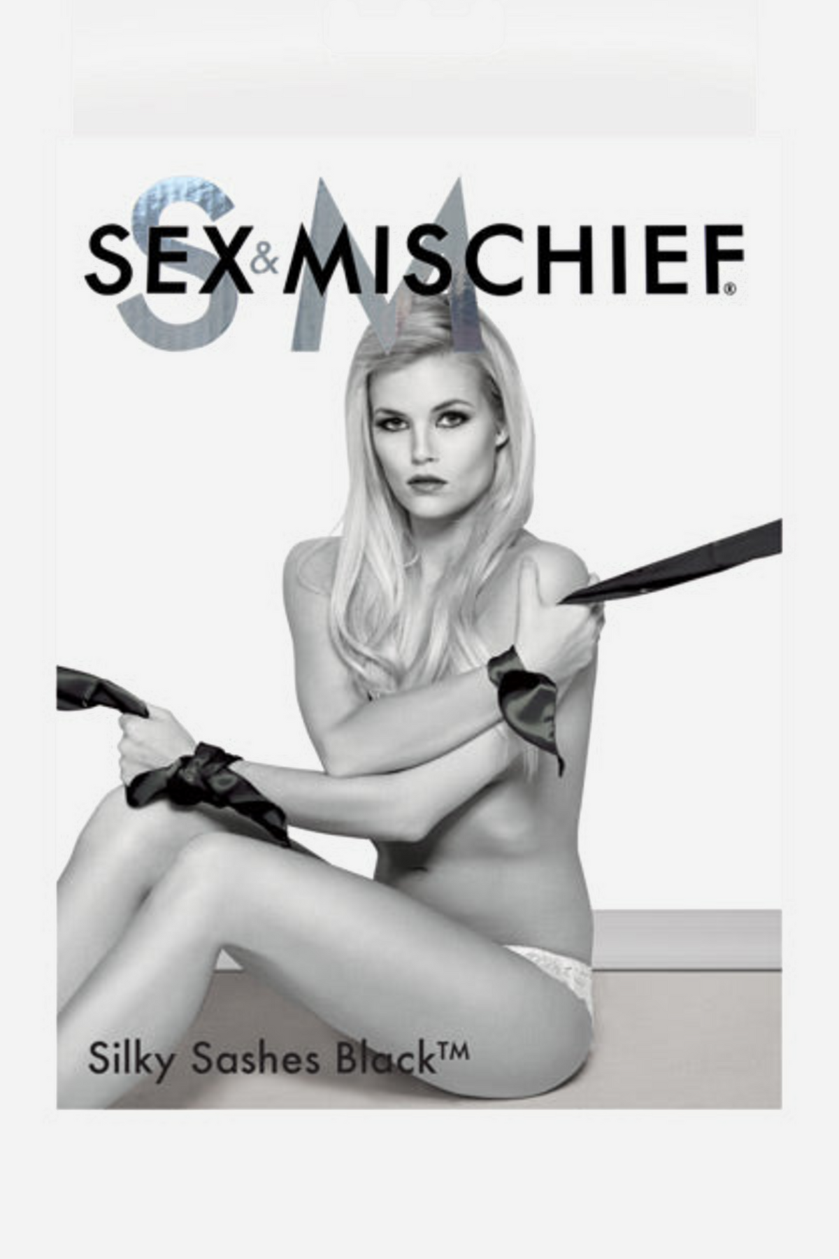Sex and Mischief Silky Sashes Black retail box with a hang tab, showing a black and white photo of a model with black satin sashes tied around her wrists.