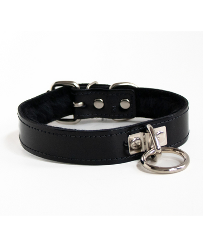 black leather fetish gear collar lined with soft furry fleece. buckle style closure in back with single o-ring in front.
