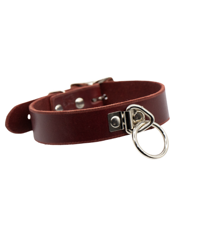front view of the metal o-ring and sleek, burgundy brownish leather on the anything but basic o-ring 1.in collar