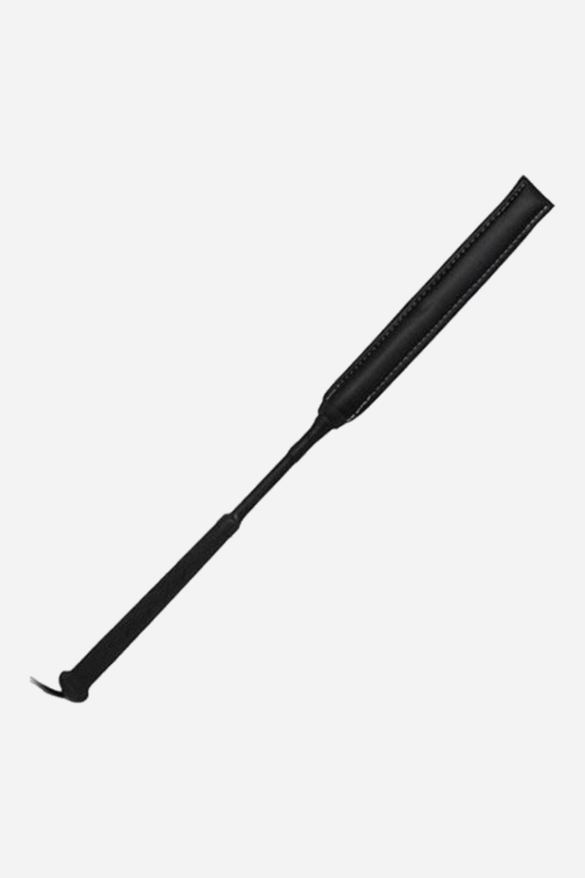 Black riding crop with a long padded leather slapper with contrast stitching, a slim black shaft and a wrapped grip, shown diagonally on a light grey background.