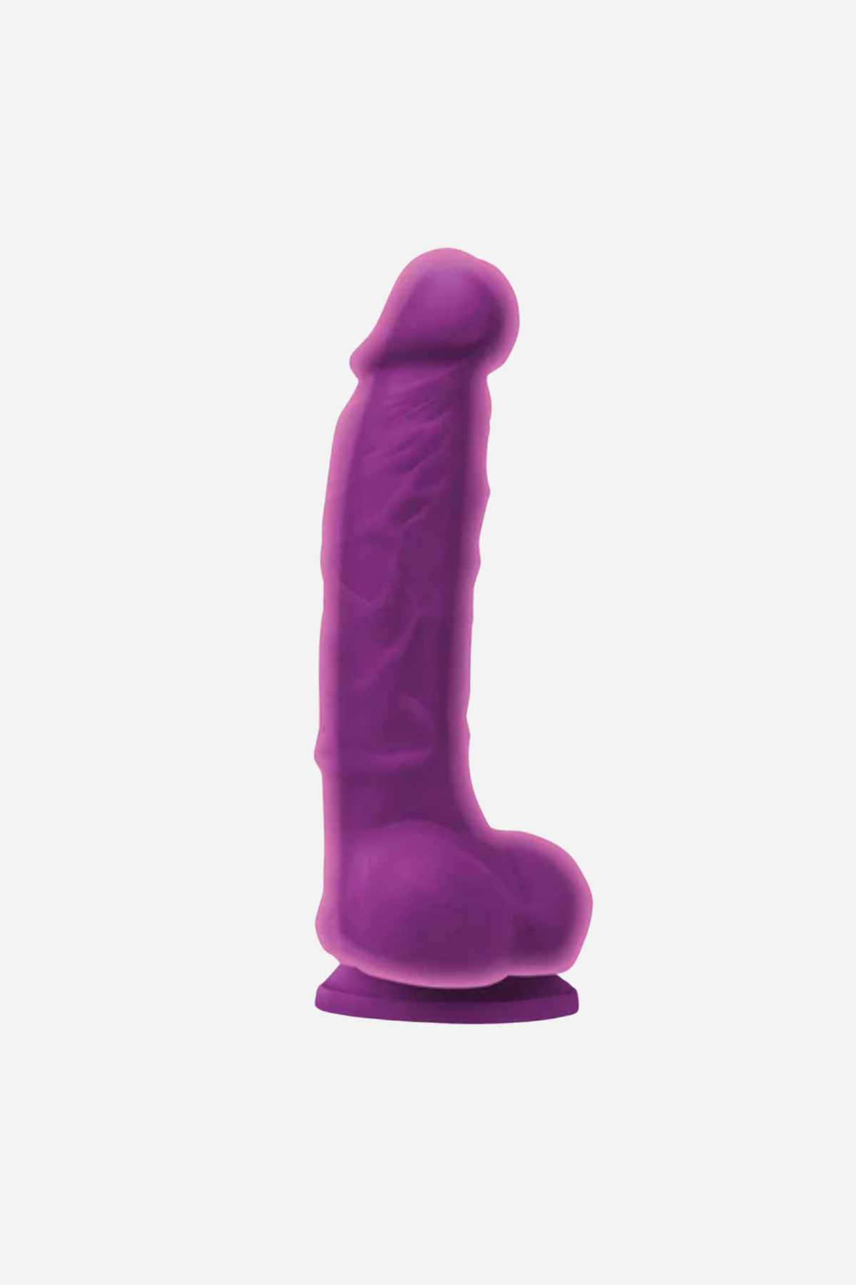 Pleasures 5 inch realistic dual density dildo in Purple, side view showing the veined shaft, balls and suction cup base on light grey