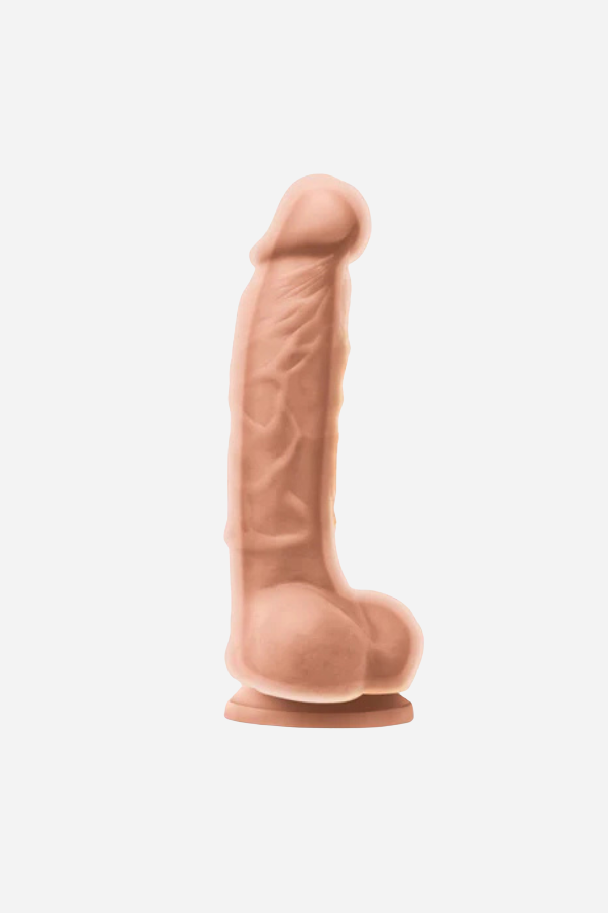Pleasures 5 inch realistic dual density dildo in Vanilla, side view showing the veined shaft, balls and suction cup base on light grey