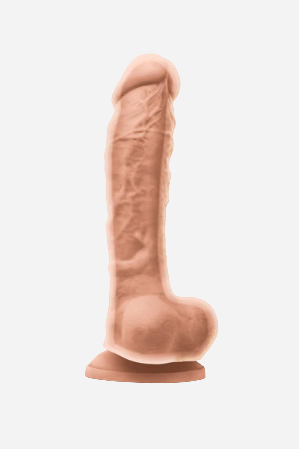 Pleasures 8 inch dual density dildo in vanilla skin tone with a firm core, soft lifelike outer layer, veined shaft and suction cup base, on a grey background