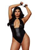 plus size white model poses in faux leather teddy, she is showing off the wrist restrings with functional padlock by holding her wrists over her head