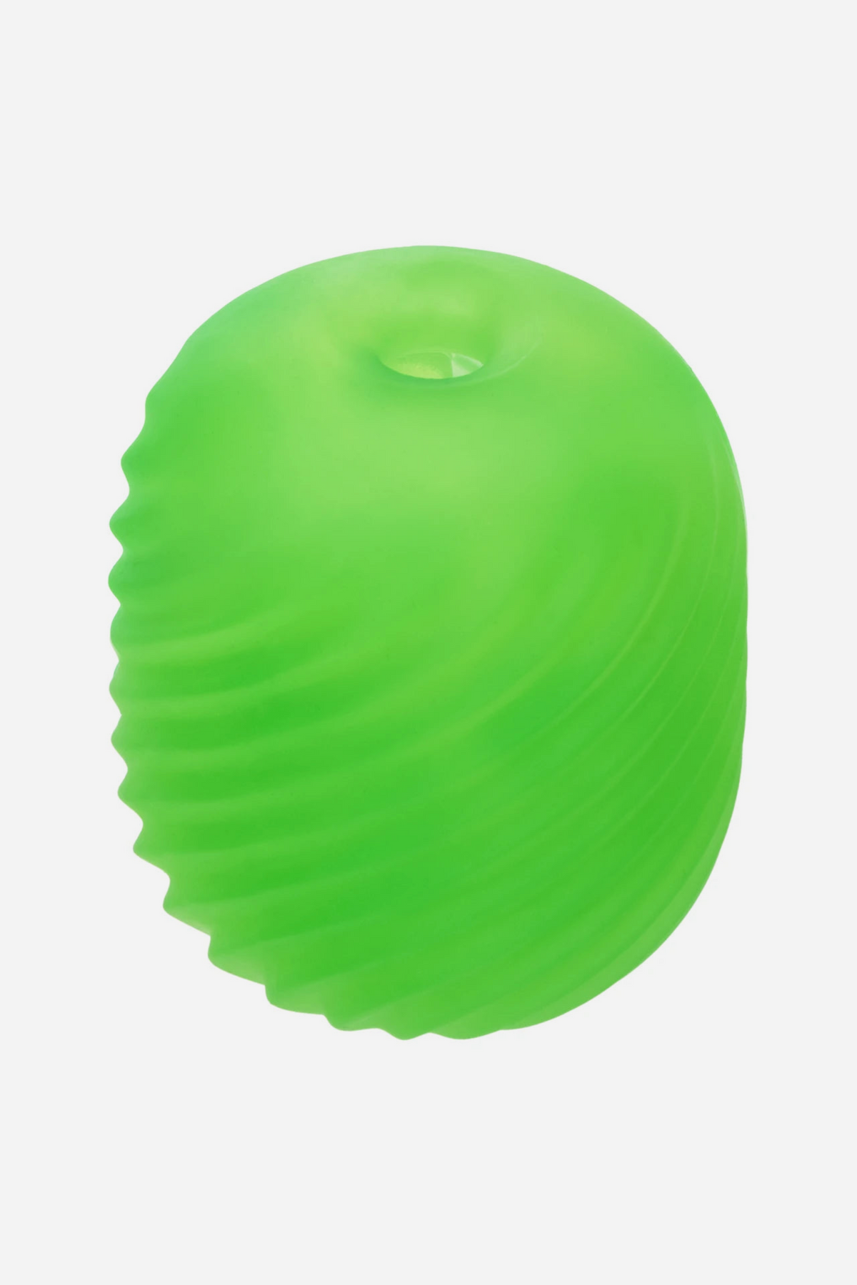 Neon green Pop Sock Textured Stroker standing upright, showing the wavy ribbed outer texture of this soft, stretchy masturbator