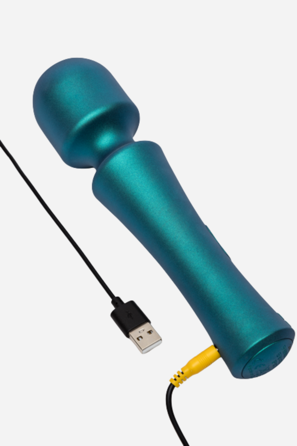 Romp Presto powerful mini wand in teal with its USB charging cable connected to the magnetic port at the base, on a light grey background