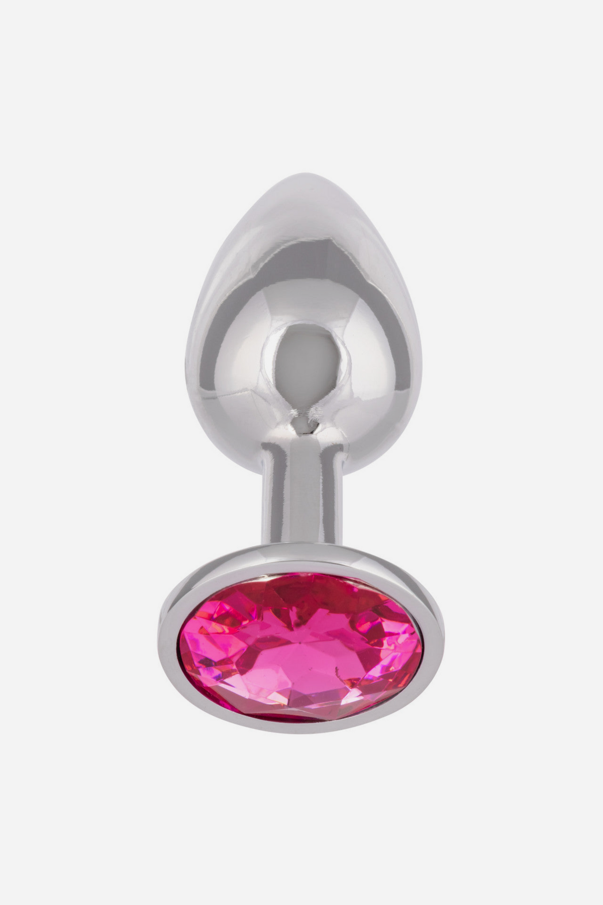 Front view of the Pretty Princess Butt Plug with a hot pink oval gem set in the polished silver base below the tapered bulb