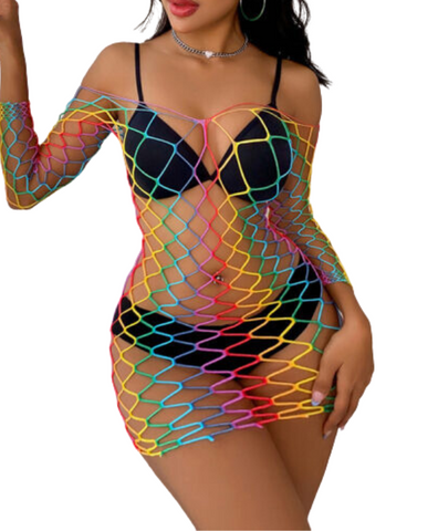 brown woman with black bra and panty wears a rainbow ombre fishnet bodystocking stretched over her lingerie