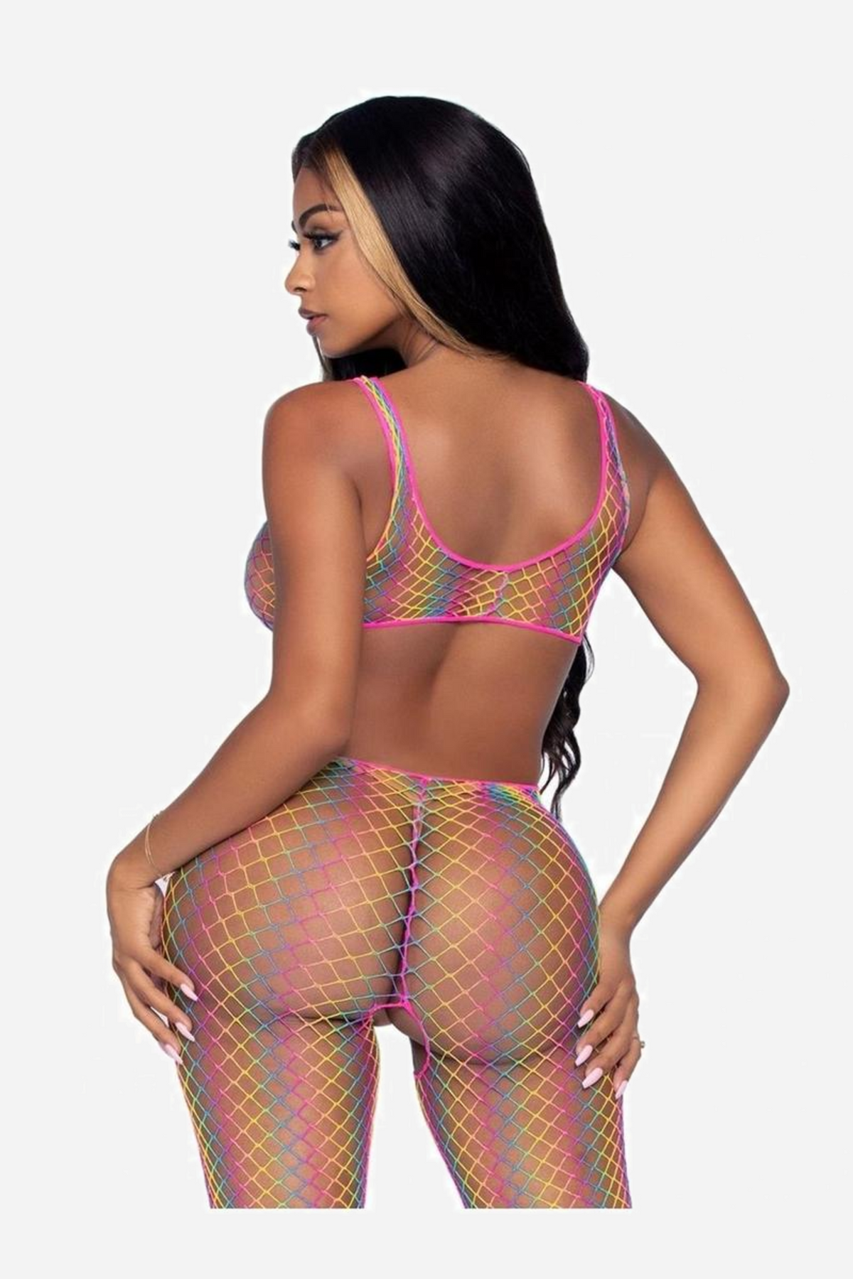 Back view of the rainbow ombre fishnet bodystocking, showing the scoop back, thin pink trim straps and full-length footless legs