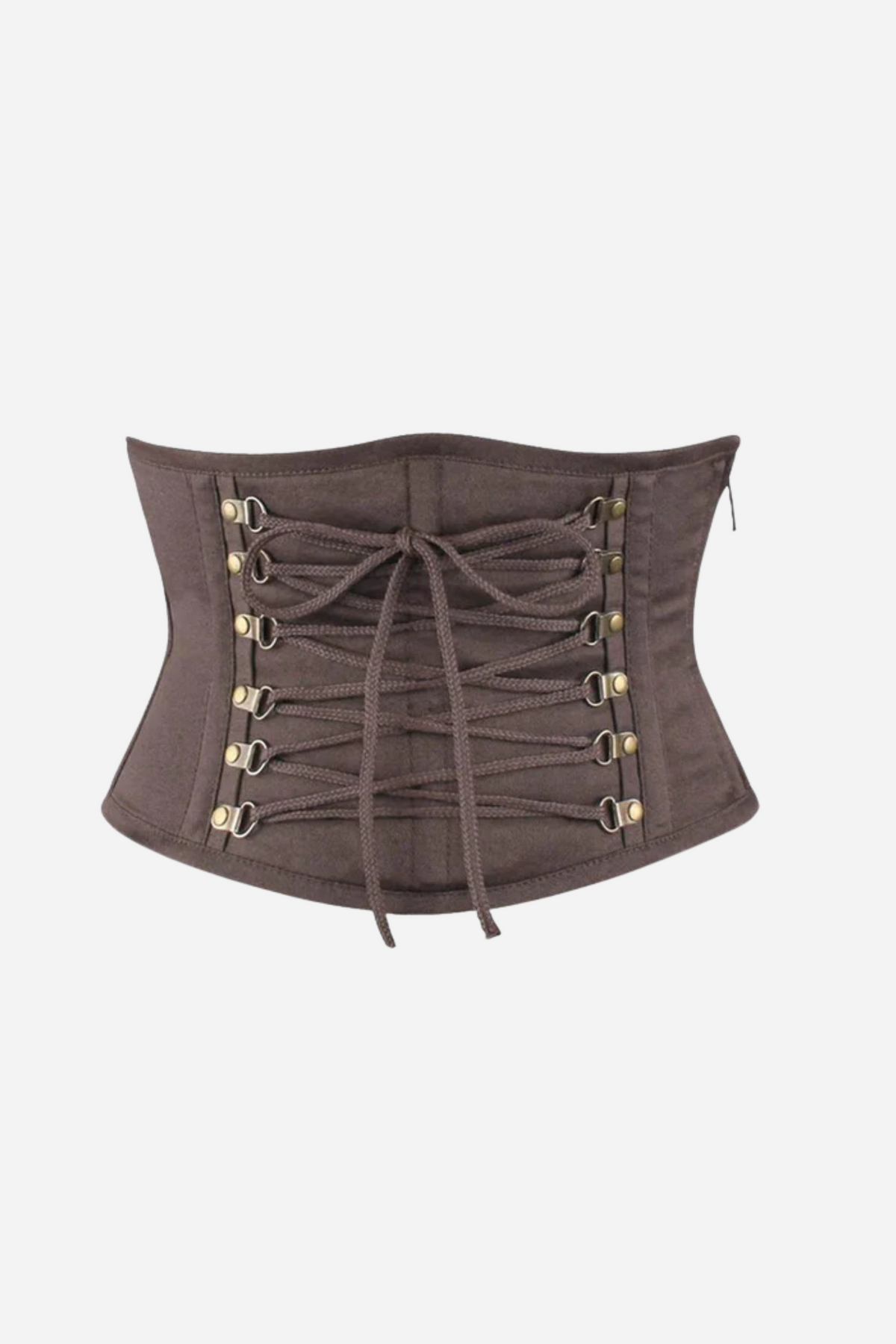 Front of the Princess Talulla waist cincher underbust corset in brown twill with antique brass clasps and decorative front lacing