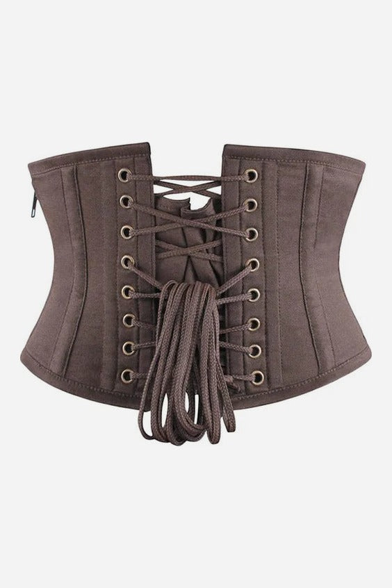 Back of the Princess Talulla brown waist cincher showing full grommet lacing with long brown laces for adjustable fit