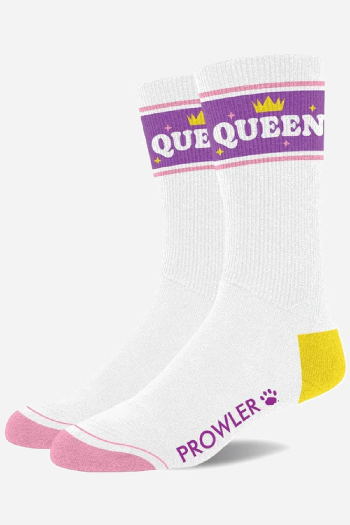 White ribbed crew socks with QUEEN in a purple band with gold crowns, pink toe, yellow heel and the Prowler paw logo on the foot