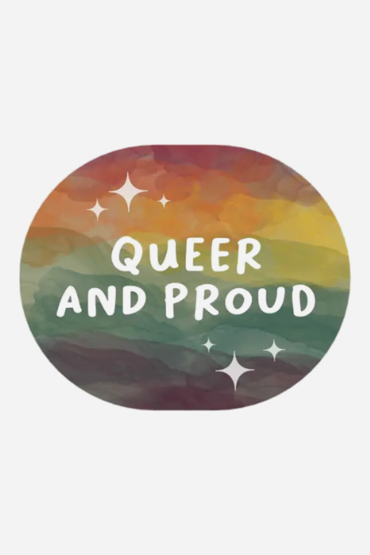 Oval sticker reading Queer and Proud in white hand-lettering over a soft rainbow watercolor background with small white sparkle stars