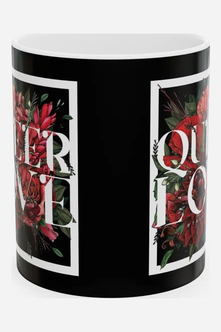 Queer Love mug viewed with the handle at the back, showing the red rose and white serif Queer Love design printed on both sides of the black wrap