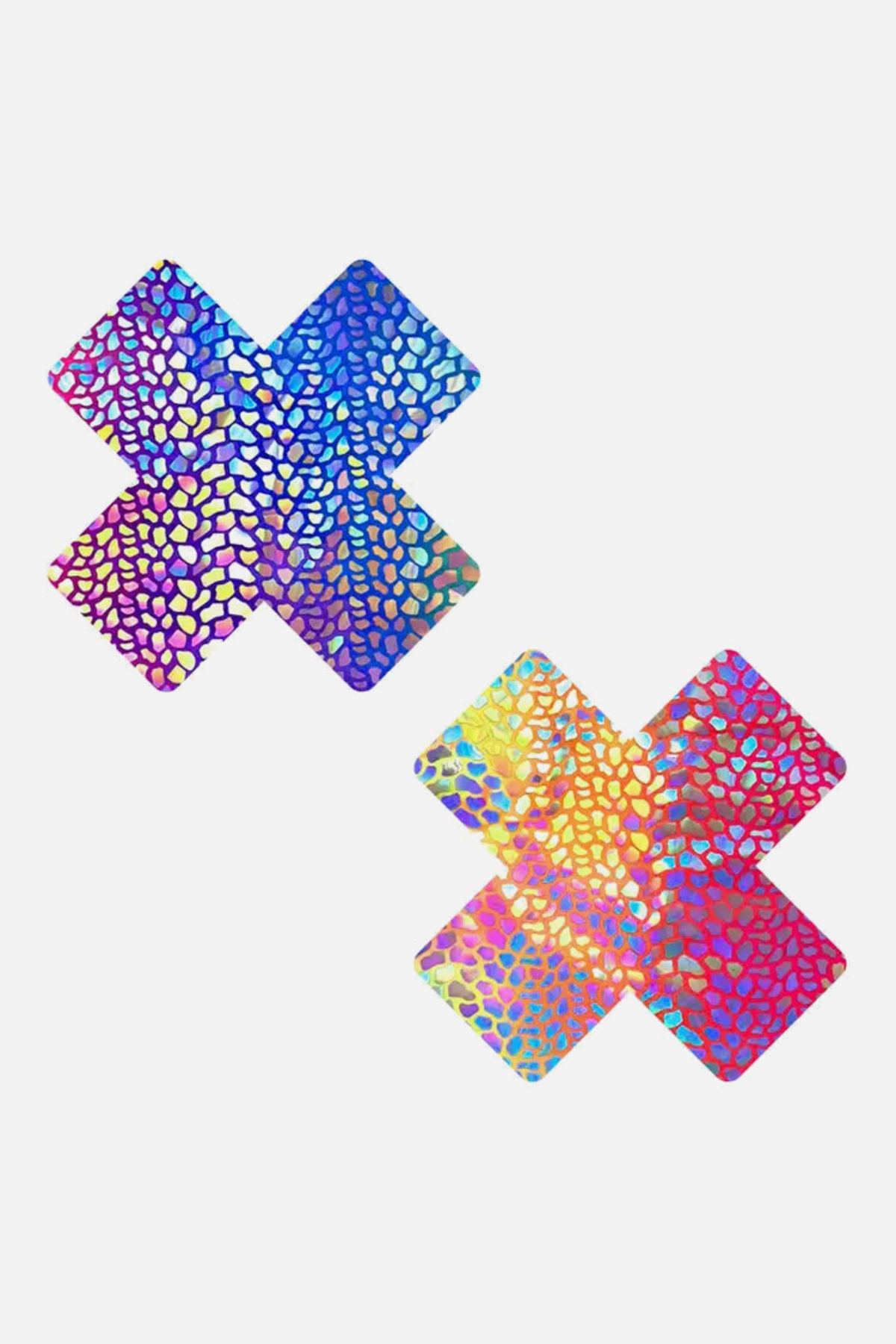 Pair of X-shaped nipple pasties in holographic dino-scale print, one in blue and purple tones and one in pink, orange and yellow iridescent scales